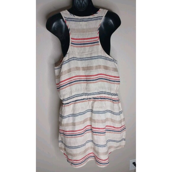 Hinge Women Dress Beige Striped 100% Linen Sleeveless Mini Waist Drawstring Sz 1 - Picture 9 of 11
